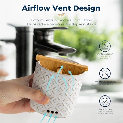 Zoeeker Toothbrush Holders, Ceramic Electric Toothbrush & Toothpaste Holder | Detachable 3 Slots Tooth Brush Cup with Drain Holes & Bamboo Divider, Makeup Brush Storage Holder for Bathroom, Family, Kids - color: White