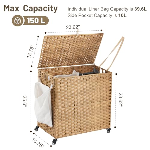 Laundry Hamper with Wheels, 39.6 Gallon(150L) Rolling Laundry Basket with Lid, Removable Large 2 Color Liners & 3 Mesh Laundry Bags, Clothes Hamper with Side Pocket, Natural - color: Natural, size: 23.62"L x 15.75"W x 25.6"H