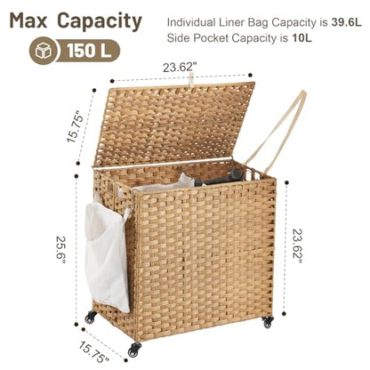 Laundry Hamper with Wheels, 39.6 Gallon(150L) Rolling Laundry Basket with Lid, Removable Large 2 Color Liners & 3 Mesh Laundry Bags, Clothes Hamper with Side Pocket, Natural - color: Natural, size: 23.62"L x 15.75"W x 25.6"H