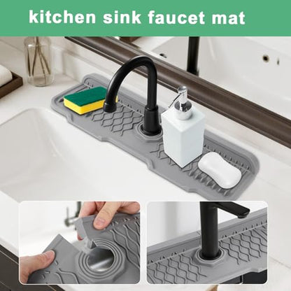 17 Inch Faucet Mat For Kitchen Sink Splash Guard Behind Faucet, ，5°Slope Fast Draining Silicone Mat , Dish Soap Sponge Holder for Bathroom Sink kitchen sink organizer (Grey, 17" x 6") - color: Gray