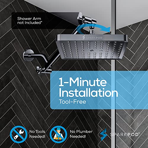 SparkPod Rain Shower Head, 8 Inch Square, Charcoal Grey Finish | High Pressure Shower Heads, 90 Nozzles, Adjustable Showerhead, No Tools Needed, Universal Connection - color: Charcoal Grey, style: 8 Inch Square