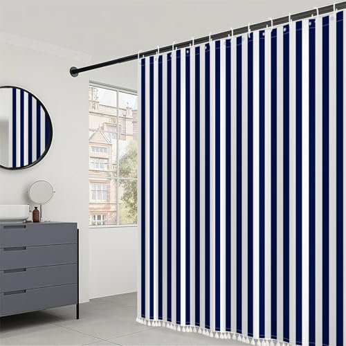 AOFOTO Navy Blue and White Stripe Shower Curtain Farmhouse Style Striped Line Bathroom Curtains Waterproof Fabric Machine Washable with 12 Hooks Modern Fashion Simple Bathroom Curtain 70x70 Inch - color: Navy Blue, size: 70"W x 70"L (Pack of 1)