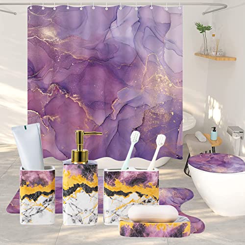 4 Piece Bathroom Accessories Set - Purple Bathroom Accessory Sets Includes Lotion Dispenser, Toothbrush Holder Tumbler, and Soap Dish - Glossy Finish (Marble, Purple) - color: Purple