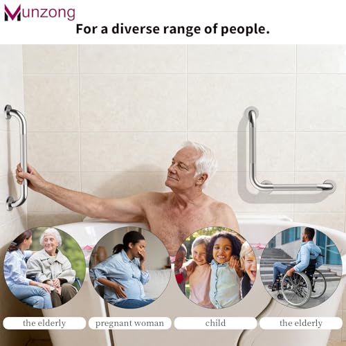 16x16 Inch Angled Bathroom Grab Bar, Munzong Brushed Nickel Toilet Rail | Toilet Handicap Grab Rail for Showers Anti Slip Stainless Steel Knurled Safety Handle Support Elderly Injury Senior - color: Chrome