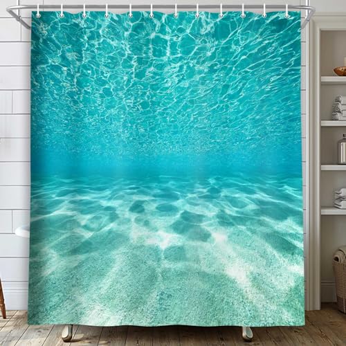 MERCHR Cute Teal Blue Ocean Shower Curtain, Nature Underwater Sea World Sand Beach Bathroom Curtains Waterproof Fabric,71X84Inches - color: Teal, size: 71"W x 84"L (Pack of 1)