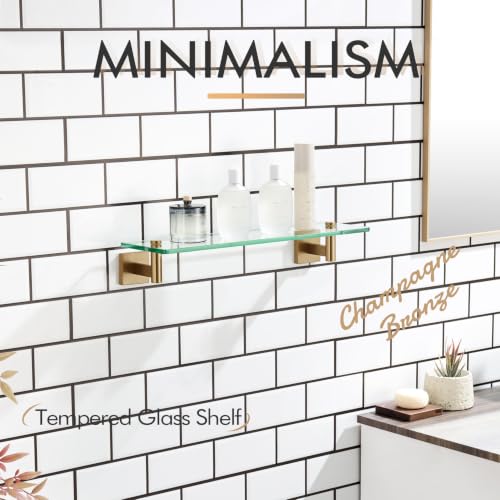 KOKOSIRI Wall Shelves Bathroom Hardware Glass Floating Shelf 20-Inch for Bedroom, Living Room, Kitchen, Hanging Rack Champagne Bronze B1105CPG-L20 - color: Champagne Bronze, size: 20-Inch