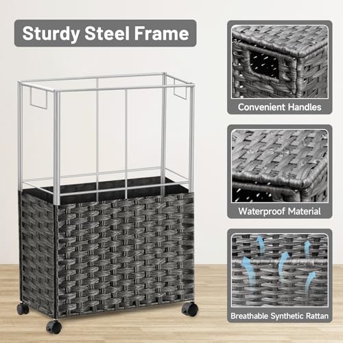 70L Slim Laundry Hamper with Lid & Wheels, Rolling Laundry Basket with 2 Removable Liner Bags & 3 Mesh Bags, Narrow Dirty Clothes Basket, Foldable Handwoven Rattan Laundry Sorter, Grey - color: Grey
