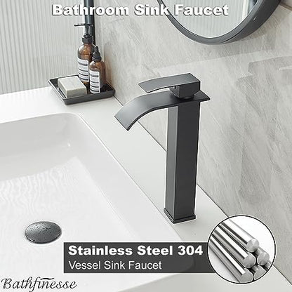 Vessel Sink Faucet Black Waterfall Bathroom Faucet with Drain Assembly | Stainless Steel,Single Handle One Hole,Deck Mount,Modern Bowl Sink Faucet,with 3/8" Supply Hose,Lead-Free by Bathfinesse - color: Matte Black