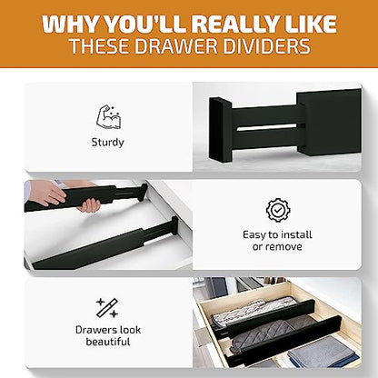 6-Pack Drawer Dividers 2.6-Inch High Dresser Organizer 16 to 22 Inch, Black | Bamboo, Spring Loaded, No Tools Needed, Fits Wide Drawers for Socks, Clothes, Utensils, Bedroom, Bathroom, Kitchen, Office - color: Black