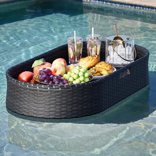 Devoko Pool Floating Tray 38”x20” Wicker Swimming Pool Drink Holders, Black | Large Oval Portable Serving Tray with Handles Wicker Swimming Pool Bar Accessories Floating Table for Adults, Spas, Parties - color: Black