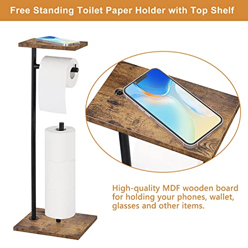 Toilet Paper Holder Stand Bathroom Toilet Paper Roll Holder with Shelf, Free Standing Toilet Paper Holders Floor Stand Freestanding Tissue Dispenser for Reserve Wipe Mega Rolls, Phone - color: Rustic Brown