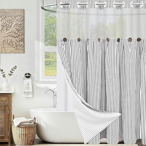 ASPMIZ Farmhouse Striped Shower Curtain and Liner Set No Hook, Black 71x74 | No Hook Shower Curtain with Snap in Liner Fabric, Rustic Washable Waterproof Bathroom Curtains with Button, Mesh Top Window - color: Black Striped, size: 71"W x 74"L (Pack of 1),