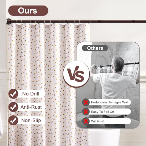 TEECK Shower Curtain Rod, 32-94 inch Adjustable Tension Spring, 1 Inch Shower Curtain Rod Tension, Anti-Slip, Rust-Proof, No Drilling, for Bathroom, Brown - color: Brown, size: 32-94 Inches