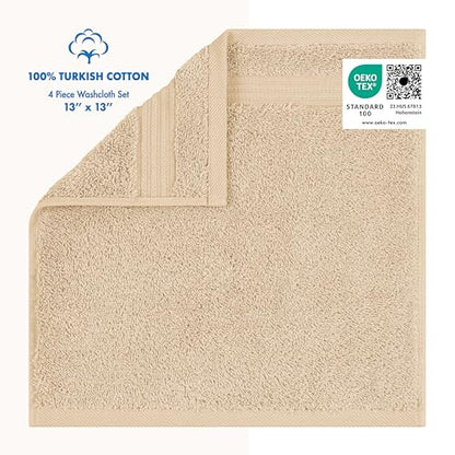 Cotton Paradise 100% Cotton Turkish Towel Set, Soft Absorbent Quick Dry, 4 Piece Washcloth Set, Beige - color: Beige, size: 13"x13"