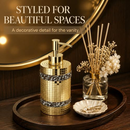Gold Mosaic soap Dispenser, Shining Glass，Bathroom Reusable 12oz | Gold soap dispenser mosaic decorative , sparkling glass, kitchen and bathroom, artistic home decoration, countertop use - size: Soap Dispenser