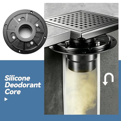 Square Shower Floor Drain, Matte Black Finish, Grid Pattern Strainer Cover (Black, Grate) - color: Black