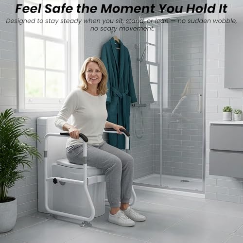 Toilet Safety Rails, Bathroom Stand Assist Aid for Elderly, Adjustable Anti-Slip Toilet Handles Bar with Wide Base, Tool-Free Assembly for Seniors, Disabled & Post-Surgery Recovery - color: White