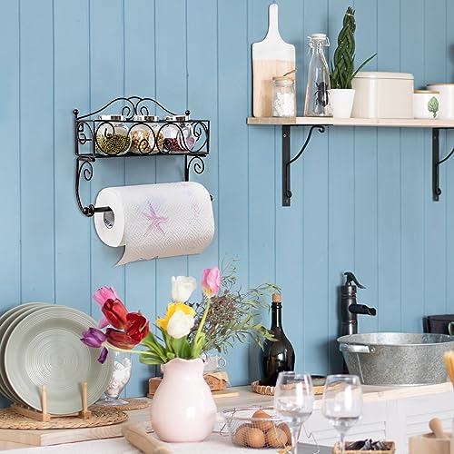 Adhesive Paper Towel Holder with Shelf, Wall Mount, 12in Black for Kitchen, Hand Towel Holder for Bathroom with Shelf