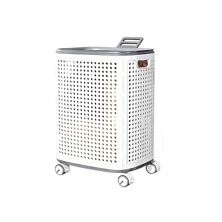 Rolling Laundry Hamper with Lid, Perforated Metal Design, L Size, Portable Handle, Smooth Edges, Ventilated Basket with Wheels, 23.8x16.7x12.9 Inches