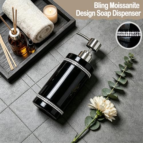 Black Ceramic Soap Dispenser with Silver Pump for Bathroom, Refillable Liquid Hand Soap Dispenser, Bling Moissanite Design for Kitchen Dish Soap, Hand Soap, Pump Bottle for Liquid (Black) - color: Black