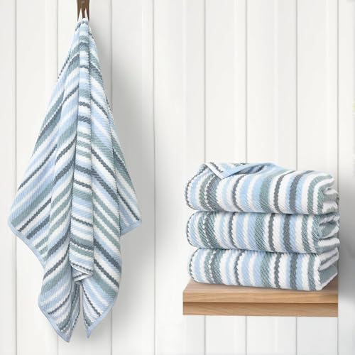 VOOVA & MOVAS Cotton Bath Towels 4 Pack, 100% Cotton, 28x52 in, Blue | Ideal for Shower and Daily Bathing, Lightweight, Super Soft, Highly Absorbent, Quick Dry, Bath Towels with Hanging Loops - color: Gray + Blue Striped, size: 4 PC Bath Towels (28"x52")