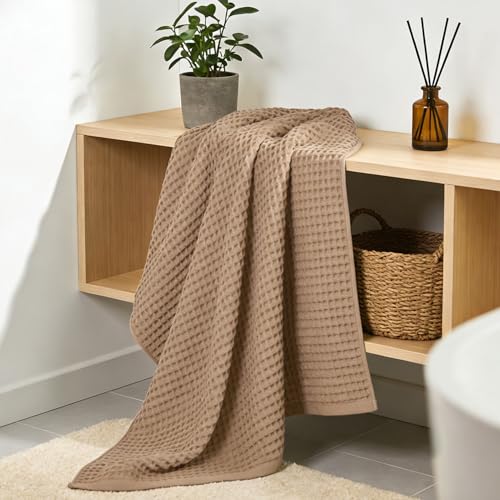 Jacquotha Waffle Bath Towels 2-Piece (Tan) - Cotton, Soft, Lightweight | 31” x 62” Large Bath Towel for Bathroom, Shower, Spa, Beach - color: Tan