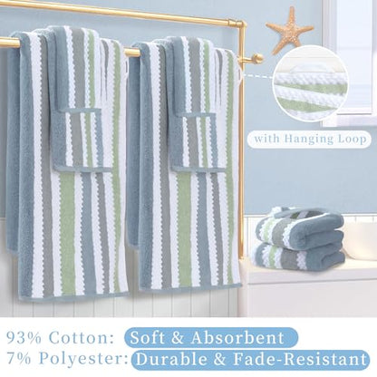 Waffle Towels for Bathroom - Quick Dry | Thick | Lightweight | 500GSM, 2 Bath 28"x52", 4 Hand 16"x27", Cotton Polyester Blend Towels, Shower Towel with Hanging Loops, Navy Grey Green Stripe and White - color: Navy+gray+green+white, size: 6 PCS Towel Set