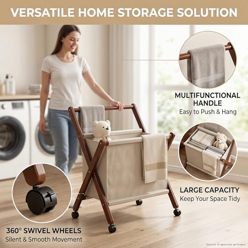 Foldable laundry cart with X-Frame – Small Bamboo wood laundry hamper | Laundry Hamper on Wheels, Collapsible Space Saving, Removable Cotton Liner, For Bathroom, RV, Dorm