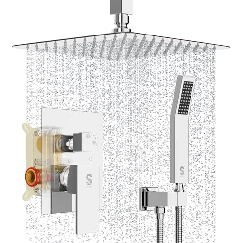SR SUN RISE SRSH-C1003 Ceiling Mount Bathroom Luxury Rain Mixer Shower Combo Set Rainfall Shower Head System 10 Inch Polished Chrome (Contain Shower Faucet Rough-In Valve Body and Trim） - color: Polished Chrome, style: 10 inch