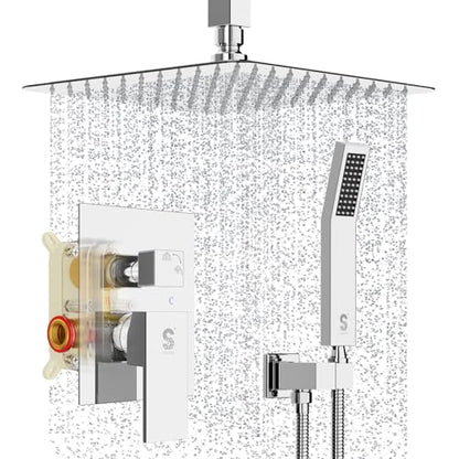 SR SUN RISE SRSH-C1003 Ceiling Mount Bathroom Luxury Rain Mixer Shower Combo Set Rainfall Shower Head System 10 Inch Polished Chrome (Contain Shower Faucet Rough-In Valve Body and Trim） - color: Polished Chrome, style: 10 inch