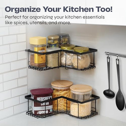 Corner Shower Caddy Organizer - Rustproof Stainless Steel Bathroom Shelves for Inside Shower Storage - Heavy Duty Corner Rack with Shampoo Holder - Silver Adhesive Shelf