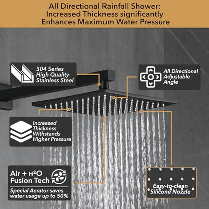 VANFOXLE Shower Faucet Set Matte Black Shower System, Push Button Diverter | 10 Inch Wall Mount Rain Head Increased Thick, 6 Inch Side Head, 2-in-1 Handheld Sprayer, Solid Brass Valve, Rust Resistant - color: Matte Black