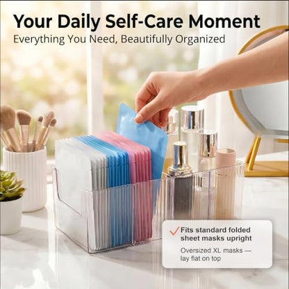Skin Care Organizer & Face Mask Organizer with 4 Compartments | Sheet Mask Organizer & Makeup Palette Storage, Stackable Vanity Bin for Bathroom Countertop, Eyeshadow & Skincare Storage