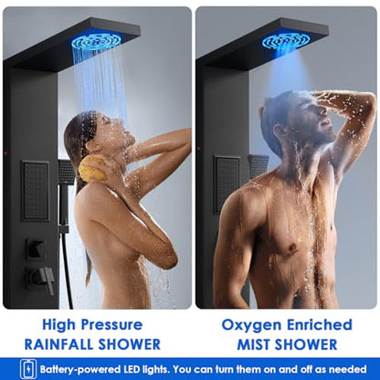 ROVOGO Shower Panel Tower System with LED Lights, 5 Shower Modes, 50 Inch | Rainfall Mist Shower Head, Body Jets, Handheld & Tub Spout, Stainless Steel Shower Column, Brass Mixing Valves, Matte Black - style: 50" Black