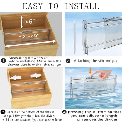 3 Pack Adjustable Drawer Dividers for Clothes,6" High Expandable From 12-20" Clear Drawer Organizers, PC Plastic Separators for Dresser/Bedroom/Bathroom/Kitchen/Office Storage - size: 3 PCS-6IN-T1-Clear