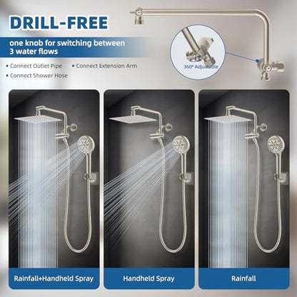 12" Metal Rainfall Shower Head with 10-Mode Handheld, Brushed Nickel | NSF/ANSI/CAN 372 Certified, High Pressure Showerhead Combo with 11" Adjustable Shower Arm, 71" Hose, Shower Head Holder - color: Brushed Nickel, style: Square 12"