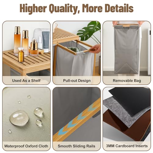 Bamboo Laundry Hamper 3 Section with Lid, 150 L Laundry Sorter with Pull-Out Removable Washable Bags, 3 × 12.5 Gal Divided Laundry Baskets for Laundry Room, Bathroom (Gray)