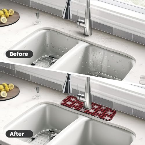 Snowflake Christmas Red Buffalo Plaid Kitchen Sink Splash Guard Faucet Mat Super Absorbent Fast Drying Mat Sink Gadgets-Fast Drying Pad Sink Mat For Kitchen Bathroom (15" X 5.5" ) - color: Snowflake Christmas Red Buffalo Plaid