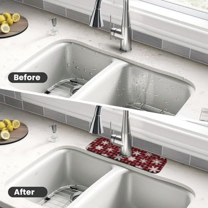 Snowflake Christmas Red Buffalo Plaid Kitchen Sink Splash Guard Faucet Mat Super Absorbent Fast Drying Mat Sink Gadgets-Fast Drying Pad Sink Mat For Kitchen Bathroom (15" X 5.5" ) - color: Snowflake Christmas Red Buffalo Plaid