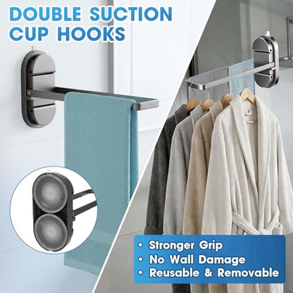 Foldable Suction Towel Bar, No Drill Stainless Steel | Heavy-duty bathroom towel holder for towels and robes. Fits tile, glass, mirrors & RV. Reusable, rustproof and residue-free - color: Silver Black