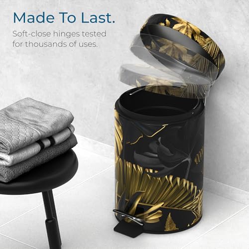 Sanilo Small Bathroom Trash Can with Lid [1.3 Gallon] - Lidded Tiny Trashcan for Garbage - Mini Metal Bin with Soft Closing Mechanism - Bath Room Accessoire Wastebin with Inner Bucket (Golden Leaves) - color: Golden Leaves