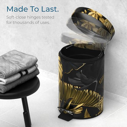 Sanilo Small Bathroom Trash Can with Lid [1.3 Gallon] - Lidded Tiny Trashcan for Garbage - Mini Metal Bin with Soft Closing Mechanism - Bath Room Accessoire Wastebin with Inner Bucket (Golden Leaves) - color: Golden Leaves