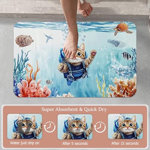 Diatomaceous Earth Bath Mat,Funny Cat Bath Rugs,Blue Sea Ocean Non-Slip Thin Absorbent Fast Drying Easy to Clean for Bathroom Laundry Home Kitchen Door Mat 17x29.5Inch - color: Funny Cat,blue Sea Ocean