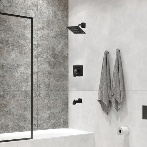 Tub Shower Faucet, Matte Black Shower Faucet Set with valve | 8-Inch Square Rain Shower Head and Tub Spout, Brass Shower System Bathtub Shower Faucet Set Complete, Tub shower faucet set