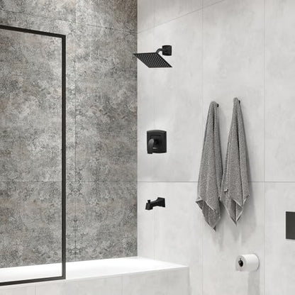 Tub Shower Faucet, Matte Black Shower Faucet Set with valve | 8-Inch Square Rain Shower Head and Tub Spout, Brass Shower System Bathtub Shower Faucet Set Complete, Tub shower faucet set