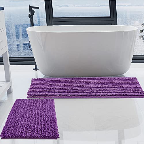 Luxury Chenille Lavender Bathroom Rugs Sets 2 Piece, Thickened Hot Melt Rubber Bottom Bath Mats for Bathroom Non Slip,Bath Rugs Quick Dry Machine Washable for Shower Mat (47"x17"+17"x24") - color: Lavender, size: 47" x 17" Plus 17" x 24"