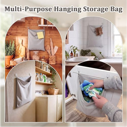 Tingjoo 2 Pack Reusable Dirty Rag Storage Bag Grey Cotton Dish Towel Cloth Bag with Hooks Hanging Kitchen Dish Rag Holder for Cabinet Door Organizer and Kitchen Laundry Room Bathroom Storage