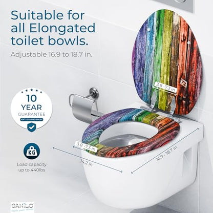 SANILO Wooden Toilet Seat with Soft Close [ELONGATED] - Decorative, Quiet & Slow Close Molded Wood Seat - With Strong Bumpers & Hinges - Adjustable Fit - Rainbow - color: Rainbow