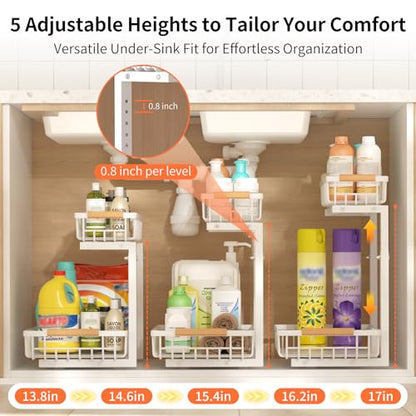 Under Sink Organizer, Under Sink Organizers and Storage, 2-Tier Pull Out Under Cabinet Organizer Storage Shelf, Metal Frame, Height Adjustable Rack for Bathroom Kitchen Pantry - style: White, 1-Pack
