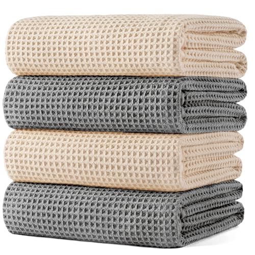 POLYTE 430 GSM Poly Blend Microfiber Quick Dry Waffle Bath Towel, 30x60 in | 4 Pack, Oversize, Lint Free, Body Towel - color: Gray,light Beige